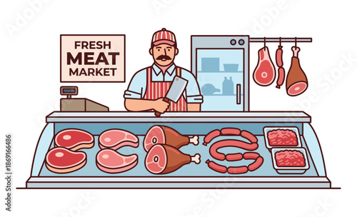 Butcher's Fresh Meat Market: A butcher, stands confidently behind the counter showcasing an array of fresh, raw meat cuts, with an inviting sign announcing Fresh Meat Market