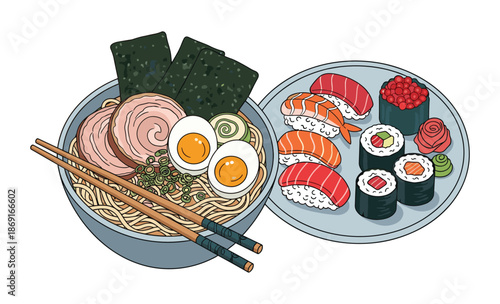 Japanese Culinary Duo: A beautifully presented composition showcasing the artistry of Japanese cuisine, featuring a delectable bowl of ramen and a vibrant selection of sushi and maki rolls.