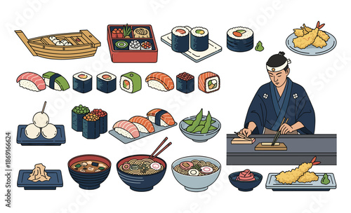 Art of Culinary: A meticulous chef orchestrates a delectable symphony of flavors, surrounded by an assortment of traditional sushi and Japanese delicacies.