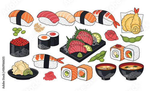 Sushi Assortment: A mouthwatering illustration of a delectable sushi spread, featuring various types of rolls and delicacies. An exploration of culinary artistry. 