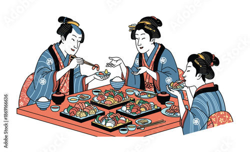 Japanese Meal: A vibrant illustration depicts individuals dressed in traditional attire, gathered around a table laden with an array of delectable dishes, a cultural feast.