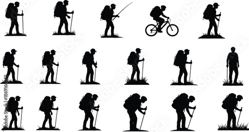 Hiking silhouettes collection showing backpackers trekking, walking, fishing, cycling, and exploring nature during outdoor adventure travel activities