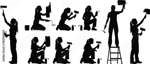 House painting silhouettes set showing professional painters using rollers and brushes, decorating walls, home renovation, interior finishing, and maintenance work