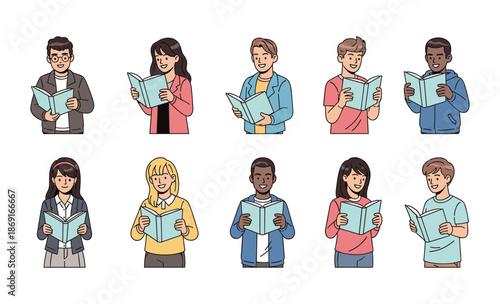 Reading Individuals: A diverse collection of individuals absorbed in reading books, each person engrossed in their own literary world and sharing a common passion for stories.