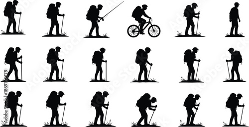 Hiking and trekking silhouettes set featuring backpackers walking, cycling, fishing, and outdoor adventure activities in nature exploration scenes