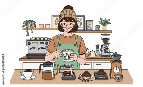 Barista's Coffee Craft: A focused barista meticulously prepares a fresh cup of coffee amidst an array of brewing equipment, the embodiment of coffee craftsmanship.