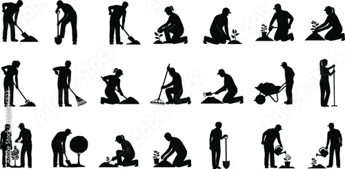 Gardening silhouettes set showing people planting trees, digging soil, watering plants, raking leaves, and performing outdoor landscaping work