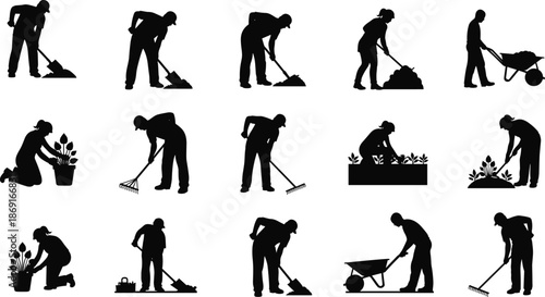 Gardening silhouettes set illustrating people digging soil, raking leaves, planting flowers, pushing wheelbarrows, and performing outdoor yard maintenance activities