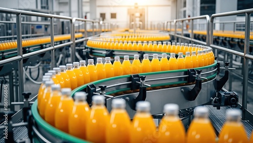 Bottles of orange juice on a conveyor belt in a modern food production facility, showcasing the automated bottling process and vibrant colors of the beverage