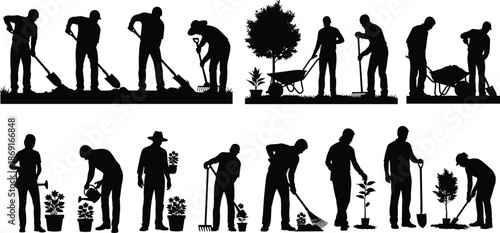 Gardening silhouettes collection showing people planting trees, digging soil, watering plants, raking leaves, and performing outdoor landscaping work