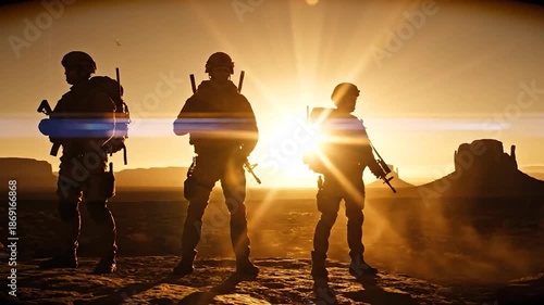 Guardians of the Horizon: Three determined soldiers stand silhouetted against a blazing sunset, their stoic figures embodying unwavering resolve and dedication. Their mission, to protect the nation.