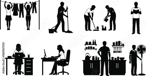 Everyday life silhouettes set illustrating household chores, office work, cleaning tasks, laundry drying, gardening, reading, cooking, and daily lifestyle activities
