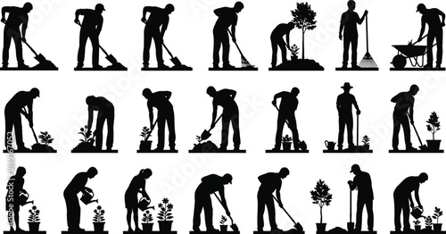 Gardening silhouettes set depicting people planting trees, digging soil, watering plants, raking leaves, and performing outdoor landscaping work