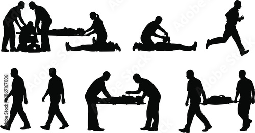 Emergency rescue silhouettes showing paramedics providing first aid, treating injured patients, carrying stretchers, and performing medical response actions