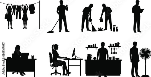Daily life silhouettes showing household chores, office work, cleaning, laundry, cooking, customer service, and everyday lifestyle activities scenes