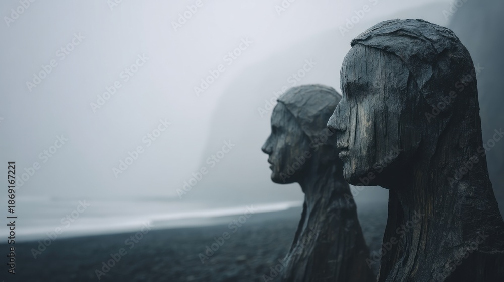 Fototapeta premium Dark wooden statues beach