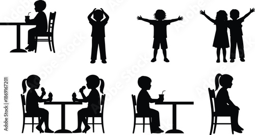 Children silhouettes set illustrating kids eating, drinking, playing together, raising arms, friendship moments, childhood happiness, and daily life activities