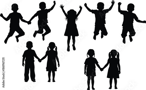 Children silhouettes collection showing kids jumping, holding hands, playing together, celebrating friendship, happiness, childhood joy, and carefree playful moments
