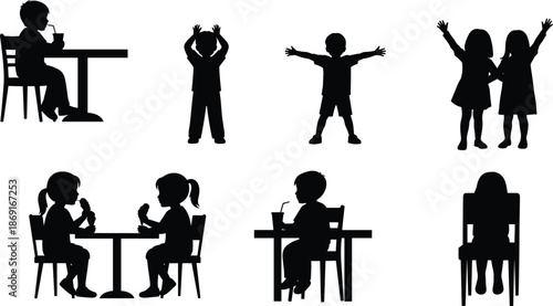 Children silhouettes collection showing kids eating, drinking, raising hands, playing together, friendship moments, daily activities, and joyful childhood lifestyle scenes