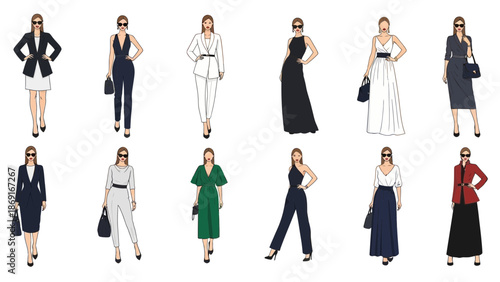 Fashionable businesswomen in stylish professional attire and elegant evening wear