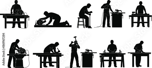 Carpentry workshop silhouettes set illustrating woodworkers cutting, sanding, drilling, hammering, and performing professional woodworking and construction tasks