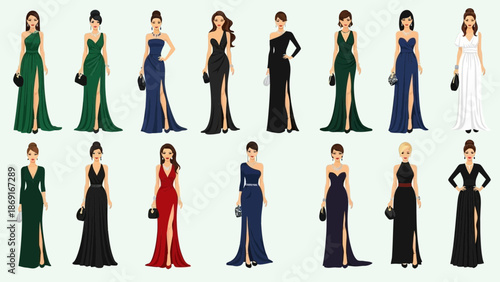 Elegant women in stylish evening gowns and formal wear
