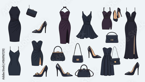 Elegant black evening wear and accessories for women