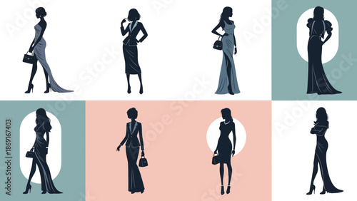 Elegant women in stylish dresses and high heels posing