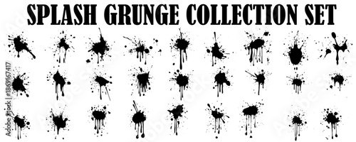 Black blots set. Silhouettes of ink spots. Template for brushes and shapes. Tools for design. Outlines of prints on white. Abstract geometric patterns in vector.