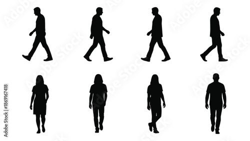 Silhouettes of walking people men and women in various poses