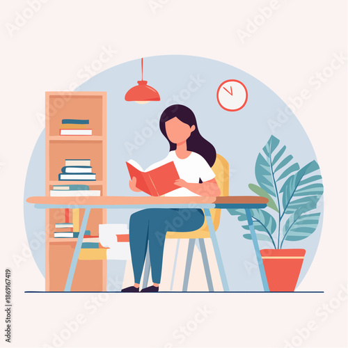 A young woman sitting at a desk and reading a book, with a bookshelf and a potted plant nearby