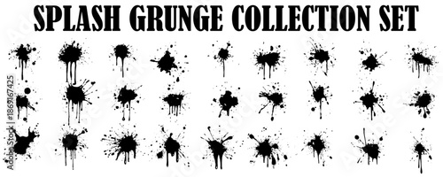 Set of grunge black paint splatters.