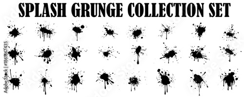 Set of grunge black paint splatters.