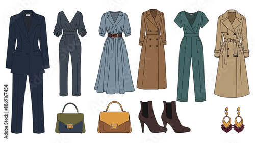 Elegant women's clothing and accessories in stylish modern outfits