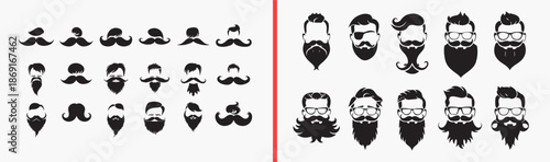 mustache silhouette set, beard style illustration, men facial hair vector, hipster mustache icons, barber shop graphics, beard clipart collection, vintage mustache art, male grooming illustration, fac