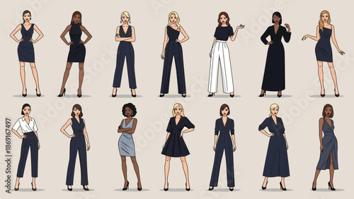 Diverse professional women in stylish modern business attire standing confidently