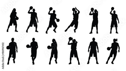 Silhouettes of basketball players in various dynamic action poses