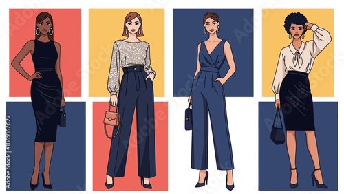 Four stylish women in modern outfits with colorful backgrounds