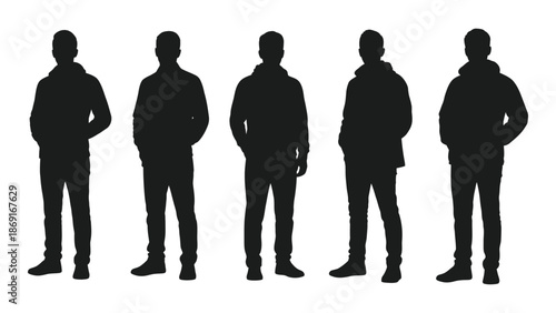 Silhouettes of five men standing in a row depicted in black