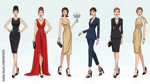 Elegant women in various formal business and evening wear