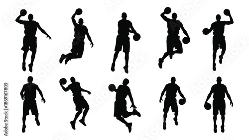 Silhouette collection of basketball players in dynamic action poses