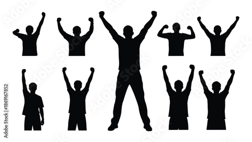 Silhouettes of people celebrating with arms raised in a victorious pose