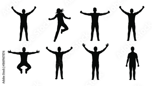 Silhouettes of people in various joyful poses and dynamic actions