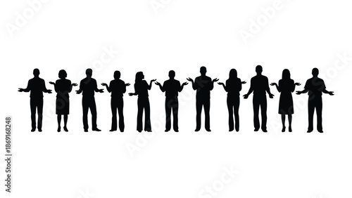 A row of silhouetted figures with outstretched arms representing unity and connection