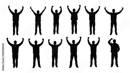 Silhouettes of people with arms raised in celebratory gestures and one standing