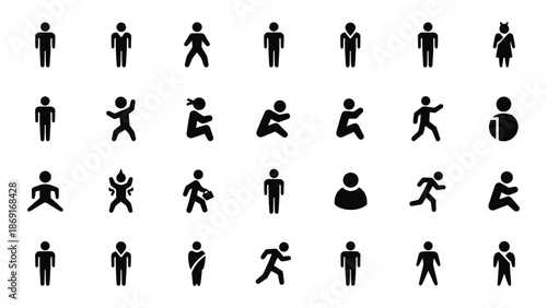 Diverse collection of simple black silhouette figures in various poses and actions
