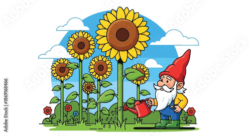Whimsical Garden Gnome Watering Tall Sunflowers in a Bright Summer Day Illustration
