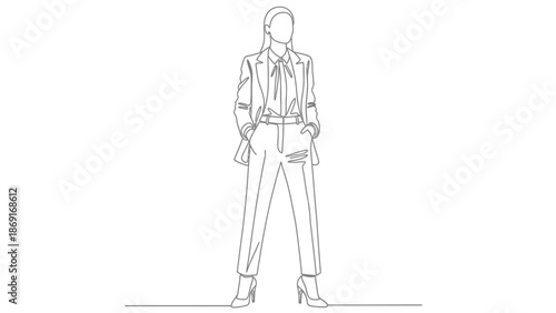 Business Woman Standing, Minimalist Line Art, Confident Pose, Full Body