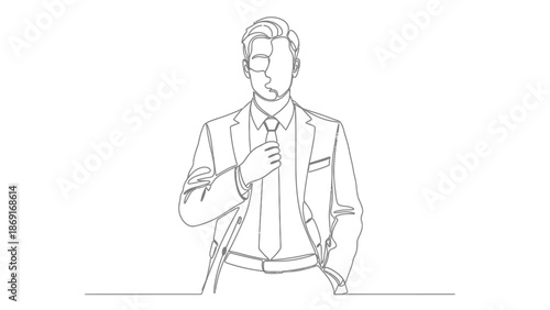Businessman adjusting tie, continuous line drawing, professional attire, elegant style