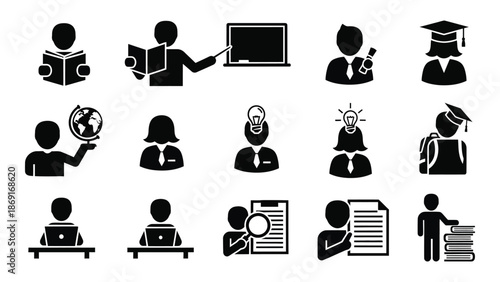 Black silhouettes depicting various aspects of education and learning processes